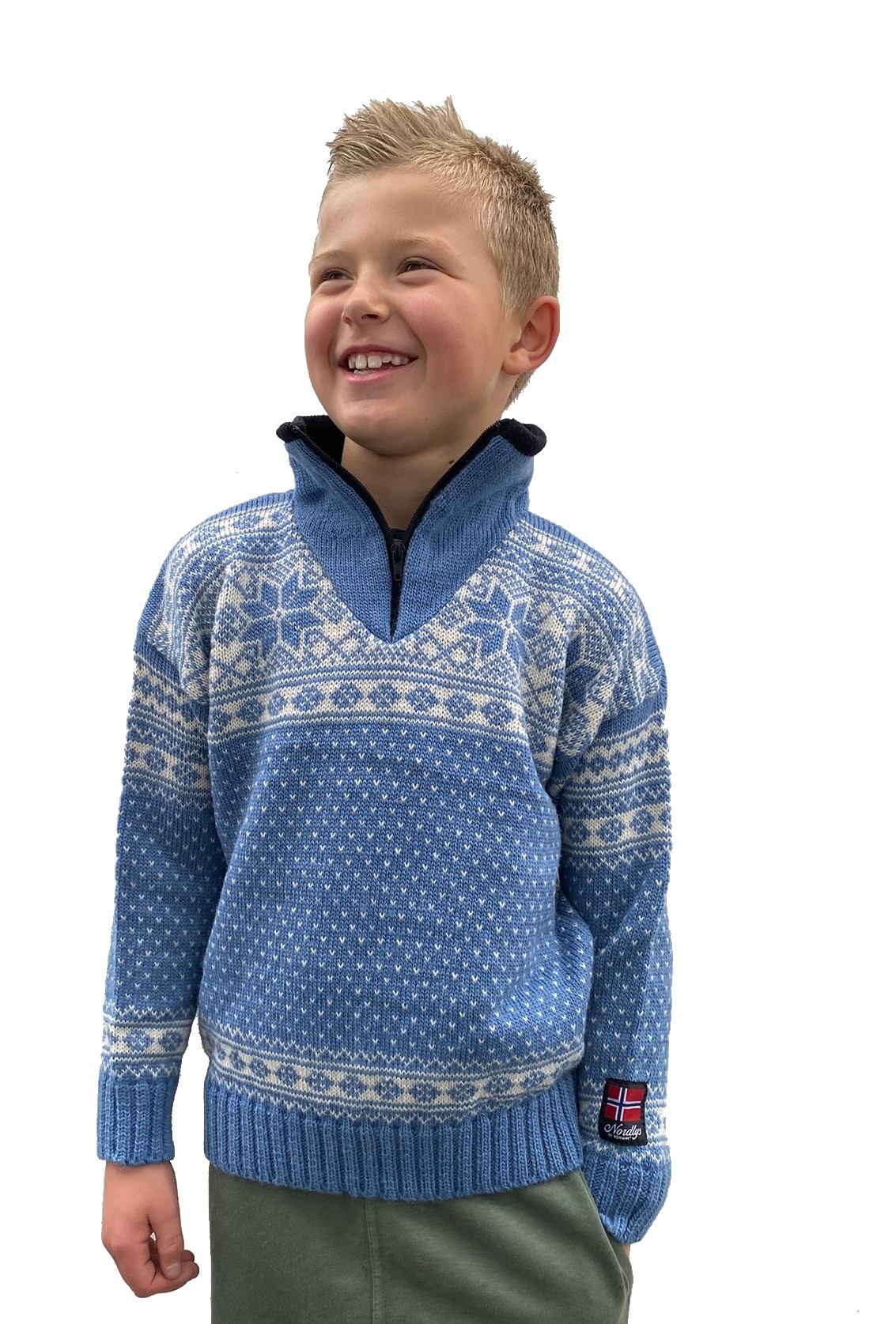 Nordlys "Mønstret" strikket genser barn, blå og hvit, 2 til 12 år.