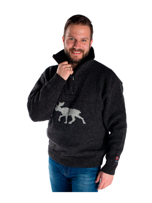 Nordlys "Elg" strikket genser med elgmotiv for dame og herre.