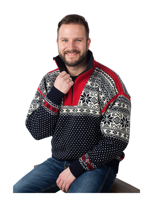 Nordlys "Mønstret" blå og rød strikket genser for dame og herre.