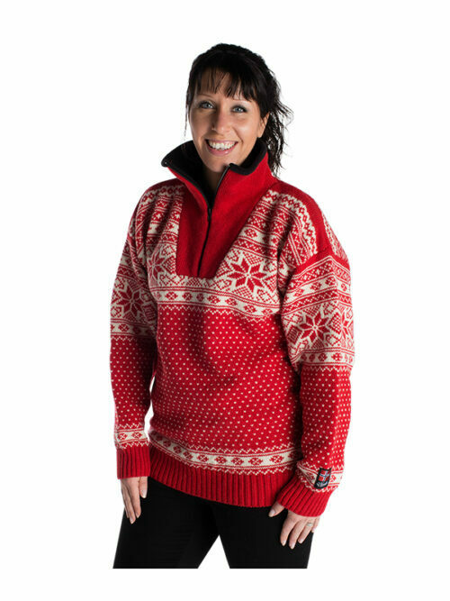 Nordlys "Mønstret"  rød strikket genser for dame og herre.
