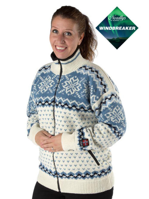 Nordlys «Turist» hvit og blå strikket jakke med glidelås for dame og herre, vindtett.
