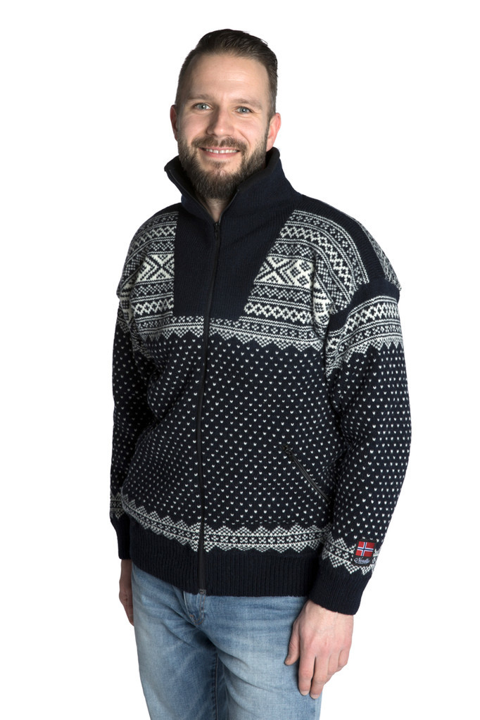 Nordlys "Setesdal" marine strikket jakke med glidelås for dame og herre, vindtett