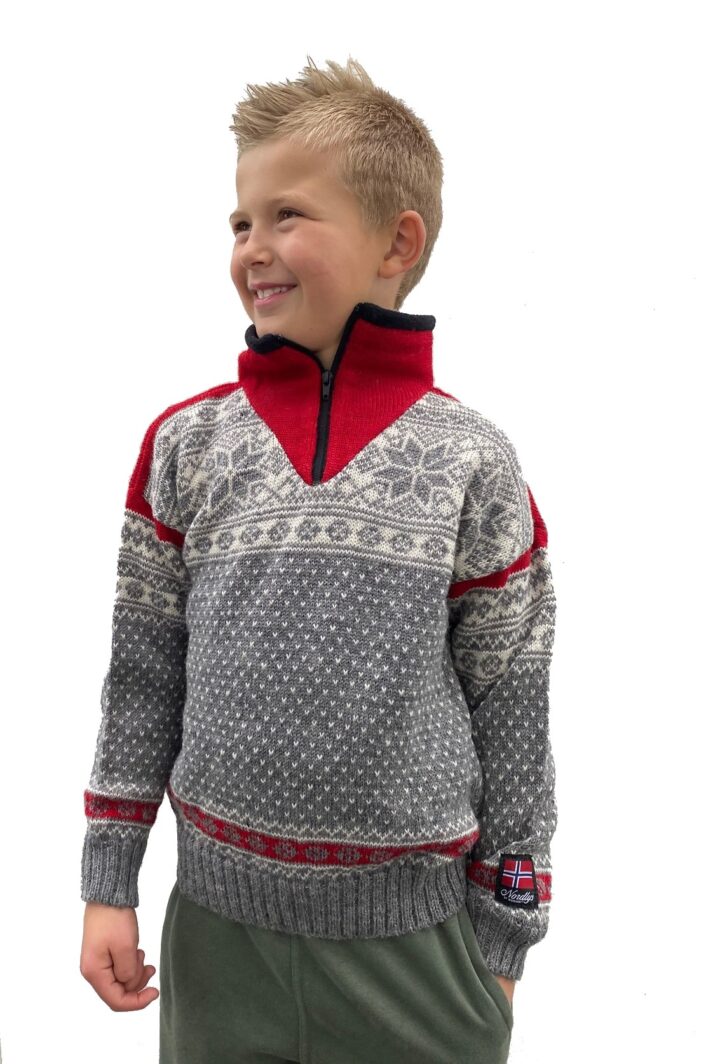 Nordlys "Mønstret" strikket genser barn, grå og hvit, 2 til 12 år.